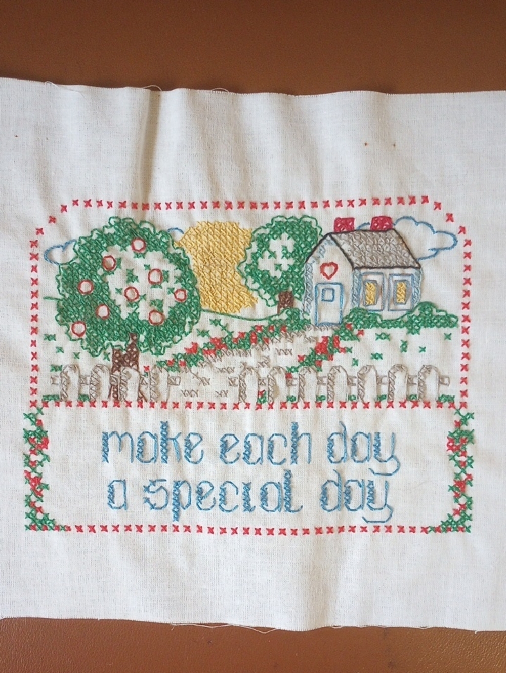 Make Each Day a Special Day Completed Vintage Retro Stamped Cross Stitch Sampler